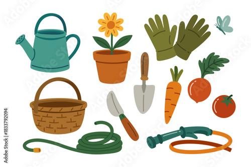 Home gardening with gloves, watering can, hose, basket, potted plant, shovel and vegetables colorful illustration element design for lifestyle. Planting equipment and garden produce icon design set