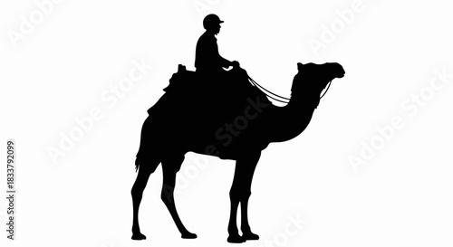 Black silhouette of a person riding a dromedary camel.
