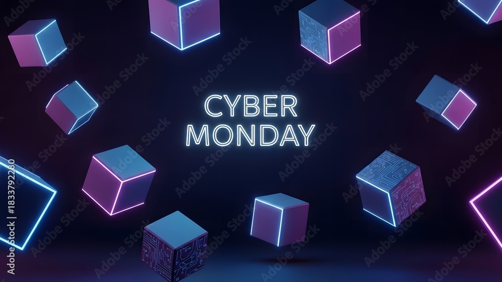 Obraz premium Cyber Monday promotion with floating neon cubes and a dark background, showcasing a modern design.