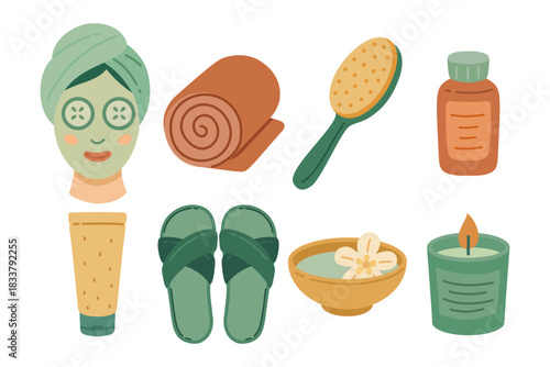 Spa care item colorful illustration element set for wellness, beauty. Relaxation and skincare kit icon design pack for lifestyle, healthy. Face mask, Towel, Brush, Lotion, Slipper, Candle, Flower bowl