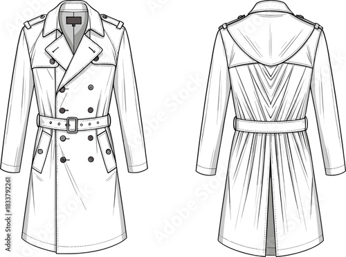 Classic double-breasted trench coat fashion illustration with belt, epaulettes, tailored details, back pleats, stylish outerwear design