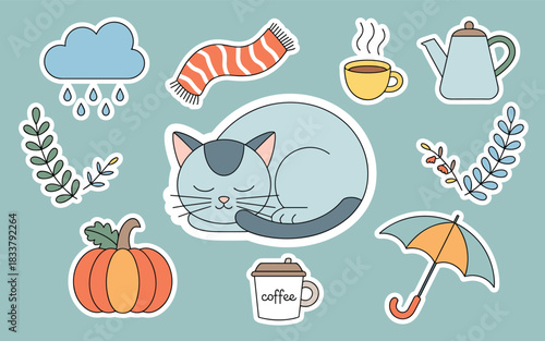 Cute cat sleeping surrounded by autumn and rain elements
