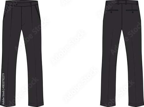 Formal tailored trousers illustration with pleat details, welt back pockets, straight-leg design, clean technical garment fashion drawing