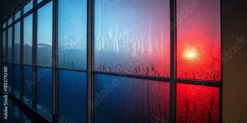 Vibrant blue and red light through condensation on frosted window