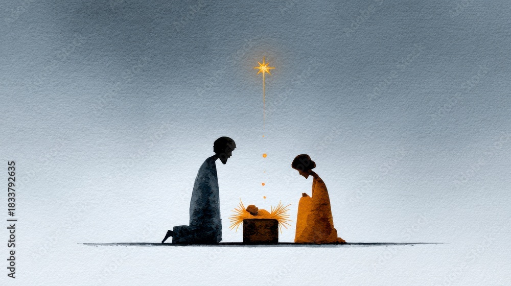 Fototapeta premium Stylized depiction of Mary Joseph and baby Jesus under the Star of Bethlehem