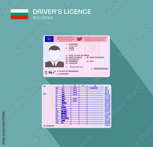 Republic of Bulgaria. Bulgarian car driver license identification. Front and back side view. Flat vector illustration template. 
