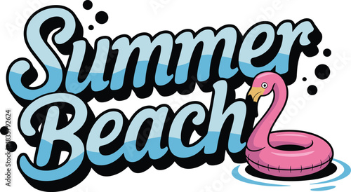 Summer Beach text with pink flamingo float lettering