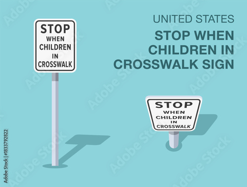 Traffic regulation rules. Isolated New Zealand "stop when children in crosswalk" road sign. Front and top view. Flat vector illustration template.