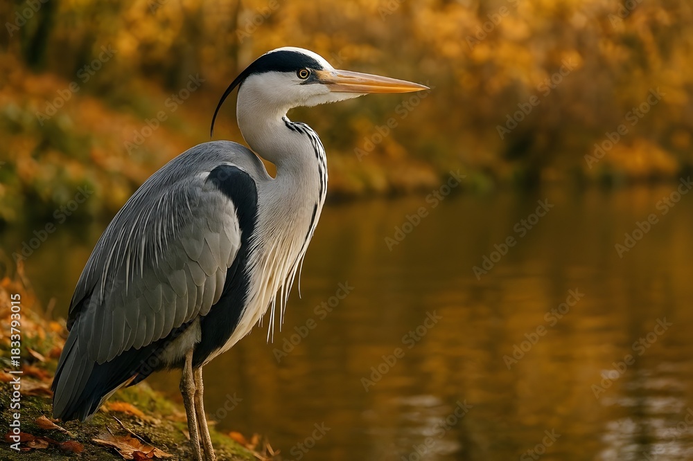 Fototapeta premium Heron by Autumn Riverbank – Serene Wildlife Scene with Fall Colors