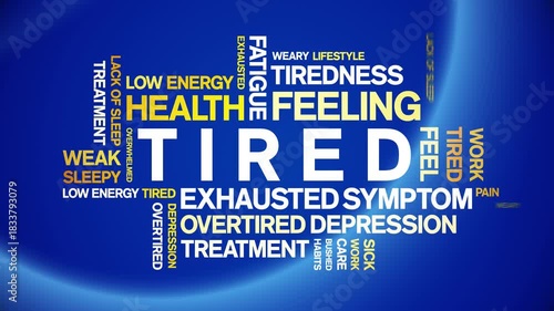 Tired animated word cloud-text design animation tag kinetic typography seamless loop.