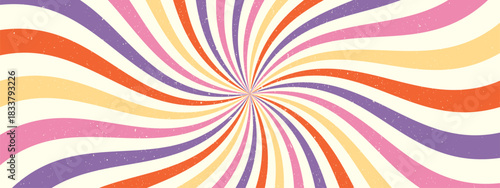 Starburst groovy psychedelic background. Retro swirl pattern. Vintage abstract spiral bg.