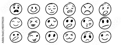 Doodle crayon emoji face collection. Hand drawn emoticons with happy, sad, angry and funny expressions.