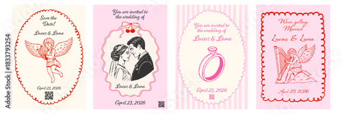 Whimsical vintage wedding invitations. Hand drawn coquette frames with bows, romantic cupids, ring and loving couple. Ink doodle sketch style.
