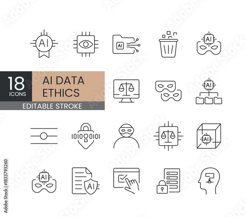 A set of vector icons covering essential AI data ethics topics such as anonymization, bias mitigation, privacy, and secure data governance, created in line style with editable stroke