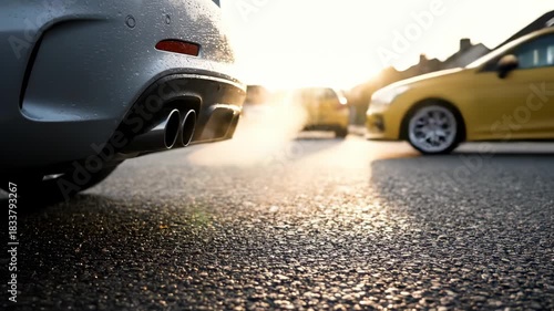 Car emits exhaust from tailpipe near road. Visible smoke rises over asphalt surface. Sedan moves as traffic flows along street. Sunlight glints on wet road surface. Emission shows urban commute daily.