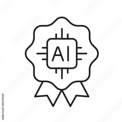 A vector icon representing certified AI system with award ribbon on a chip, created in line style with editable stroke