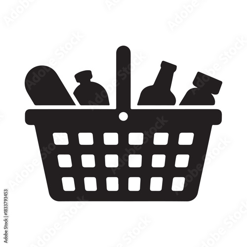 Black silhouette of a shopping basket filled with groceries