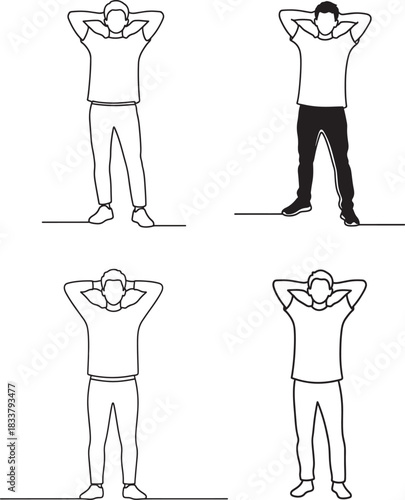 Four stylized line drawings of men with hands behind heads silhouette