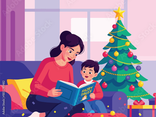 Cozy Christmas Eve with mom reading fairy tales to her son by the decorated tree