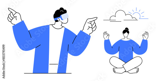 Technology, mindfulness, virtual reality, meditation, relaxation, balance. Person wearing a VR headset gestures, alongside a serene individual meditating outdoors. Technology and mindfulness concept