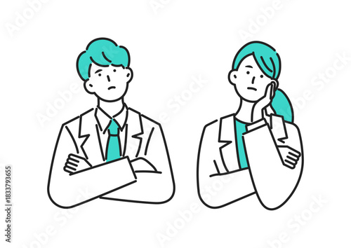 困り顔の男女ビジネスパーソンのイラスト_線画