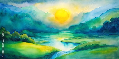Vibrant watercolor landscape painting of a sunlit valley with a winding river and lush green hills
