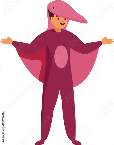 Happy child wearing a pink pterodactyl costume extending arms, celebrating halloween or carnival party