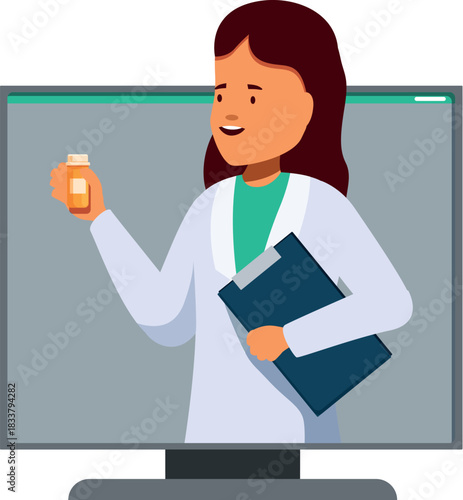 Female doctor holding medicine bottle and clipboard during online consultation inside computer screen