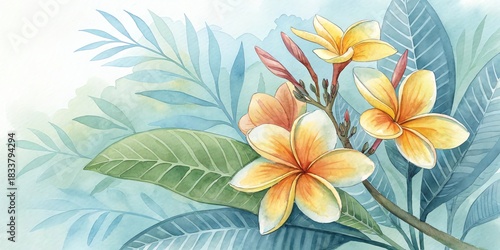 Watercolor painting of delicate orange and yellow plumeria flowers with lush green and blue tropical foliage
