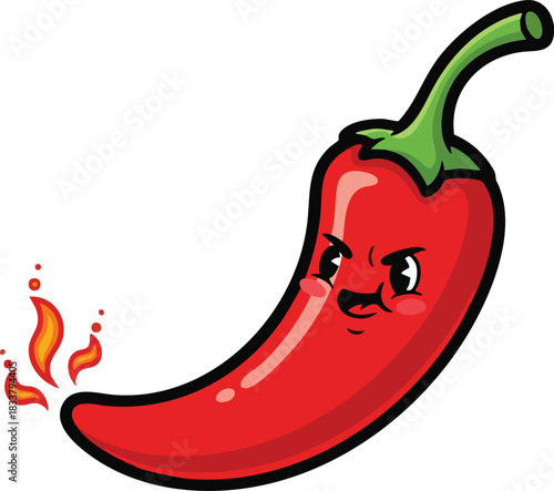 Red chili with green stem, curvy smooth shape