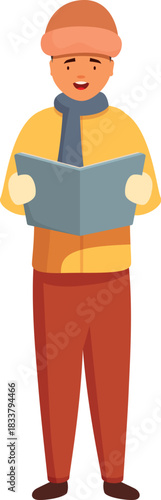 Young choir singer holding a songbook, wearing winter clothes, singing christmas carols