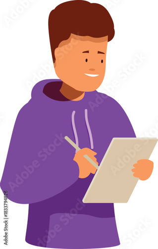 Smiling student writing notes on a tablet, using a stylus pen