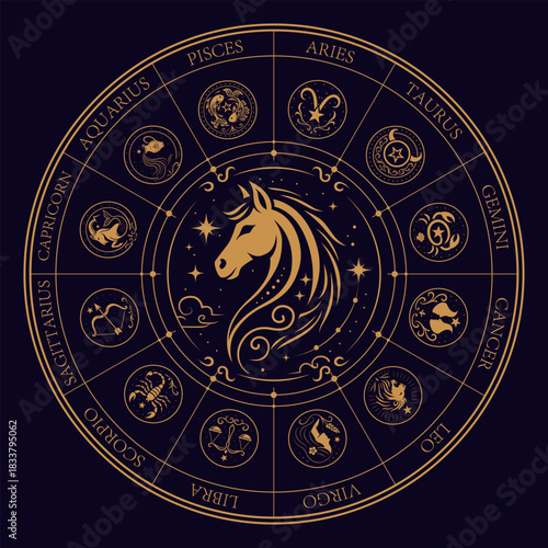 Zodiac Wheel with Golden Horse — Celestial Zodiac Design