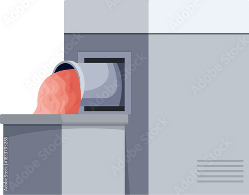 Freshly ground meat exiting an industrial grinder, showcasing the process of meat production in a food factory