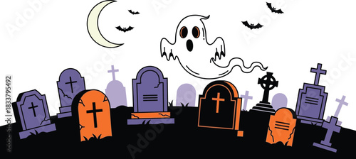 Spooky halloween graveyard scene with tombstones ghosts bats and a crescent moon creating a festive holiday atmosphere for celebrations isolated on white background