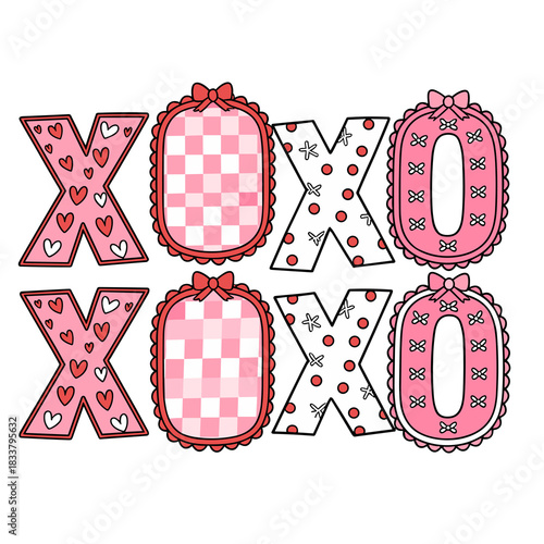 Romantic XOXO design featuring hearts, bows, and playful patterns perfect for Valentine's Day cards, social media, and expressing love and affection
