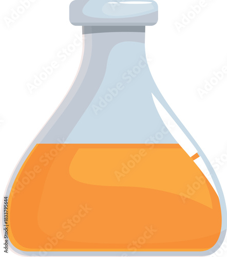 Glass flask containing orange chemical liquid used in scientific experiment, isolated on white background