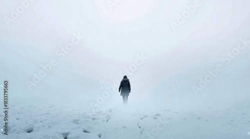 Fototapeta Naklejka Na Ścianę i Meble -   a man walks through the snow in the fog