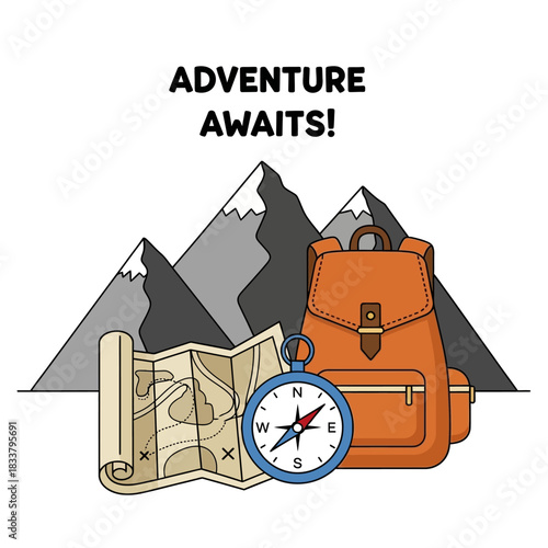 Adventure Awaits - Backpack, Map, and Compass Ready for Exploration.