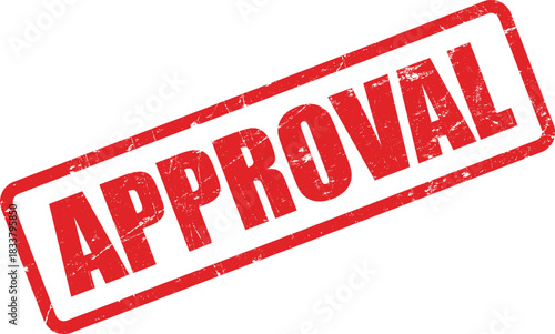 A red approval stamp with distressed texture is angled against a clean, white background