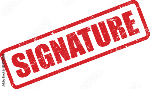 Red grunge rubber stamp shows the bold word signature on transparent background for contracts