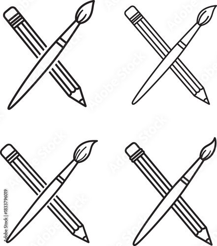 Four crossed pencils and paintbrushes silhouette