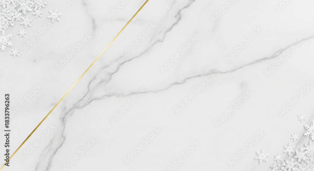 Obraz premium Chic Christmas card background with white marble texture and golden snowflakes, minimalist composition, premium holiday theme, perfect for elegant greeting cards