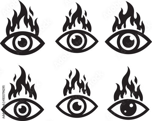 Six stylized burning eye icons in a silhouette style