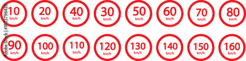 Speed limit sign 10, 20, 30, 40, 50, 60, 70, 80, 90, 100, 110, 120, 130, 140, 150, 160 km h icon. Road signs with speed limit warnings. printable traffic signs and symbols. Speed limit road sign icon 