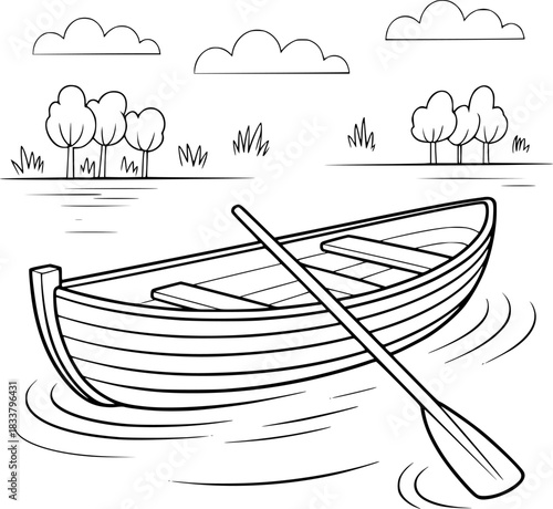 A simple line drawing of a rowboat with an oar on calm water