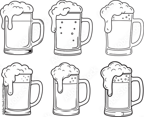 Collection of six hand drawn beer mugs with foam silhouette