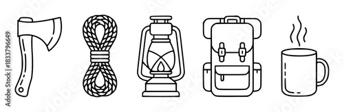 Camping Gear Icons Axe, Rope, Lantern, Backpack, and Mug
