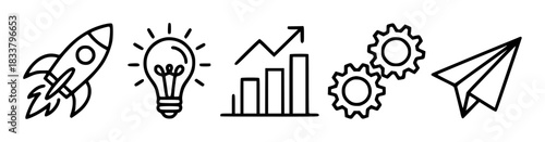 Business Growth Icons Rocket, Lightbulb, Graph, Gears, Paper Airplane