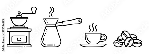 Coffee Making Process Grinder, Cezve, Cup, and Beans Icons